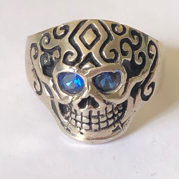 Other - SOLD❣️925 sterling silver biker skull ring blue cz